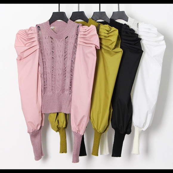 New Bishop Puff Sleeves Distress Crew neck Black color Pull on Sweater - Picture 8 of 12